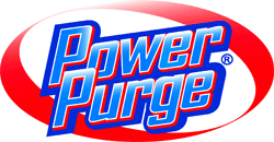 The power purge logo is blue and red on a white background