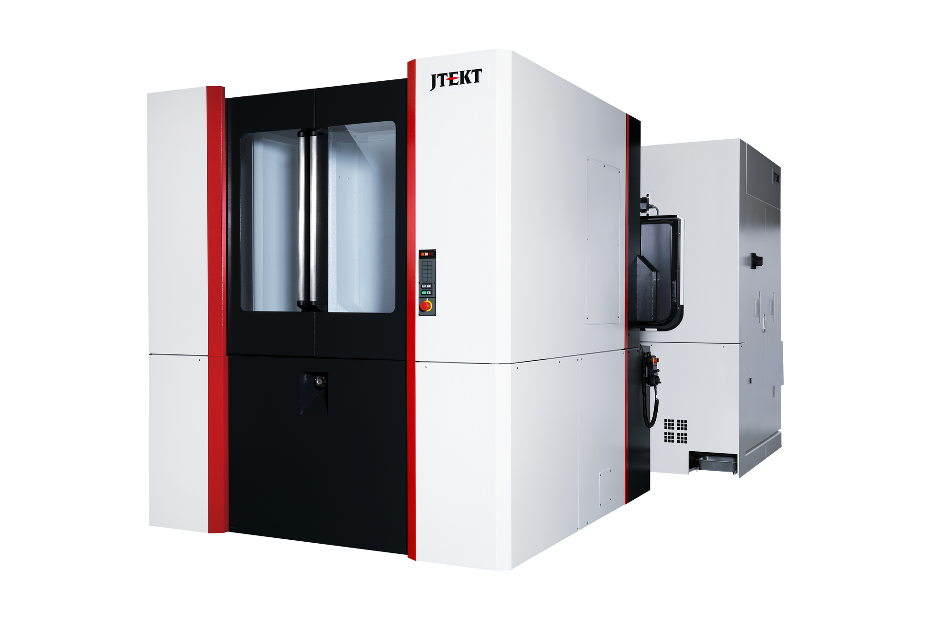 A Large Machine with A Red and White Trim Is Sitting on A White Surface.