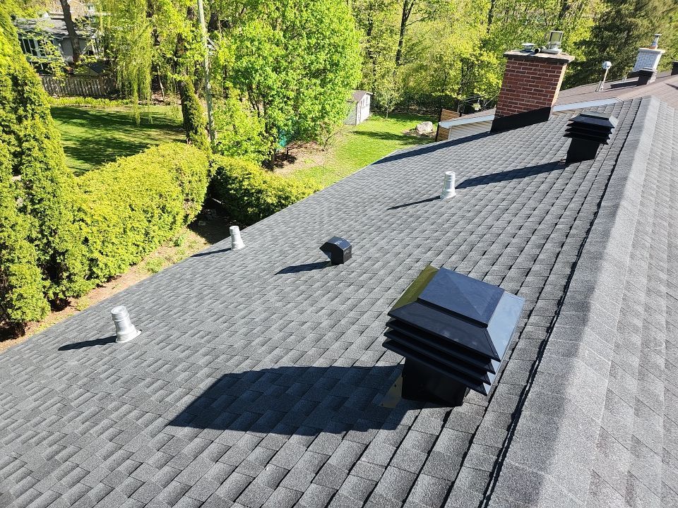 Un toit avec beaucoup d'aérations et des arbres en arrière-plan.