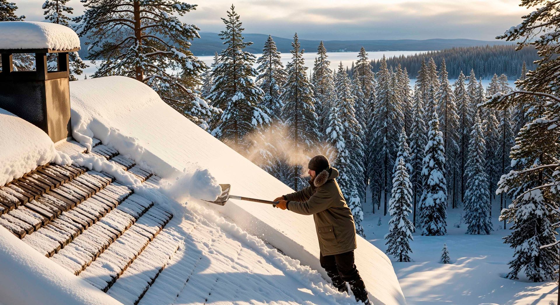 Un homme déneige un toit, paysage forestier en arrière-plan, scène d'hiver.