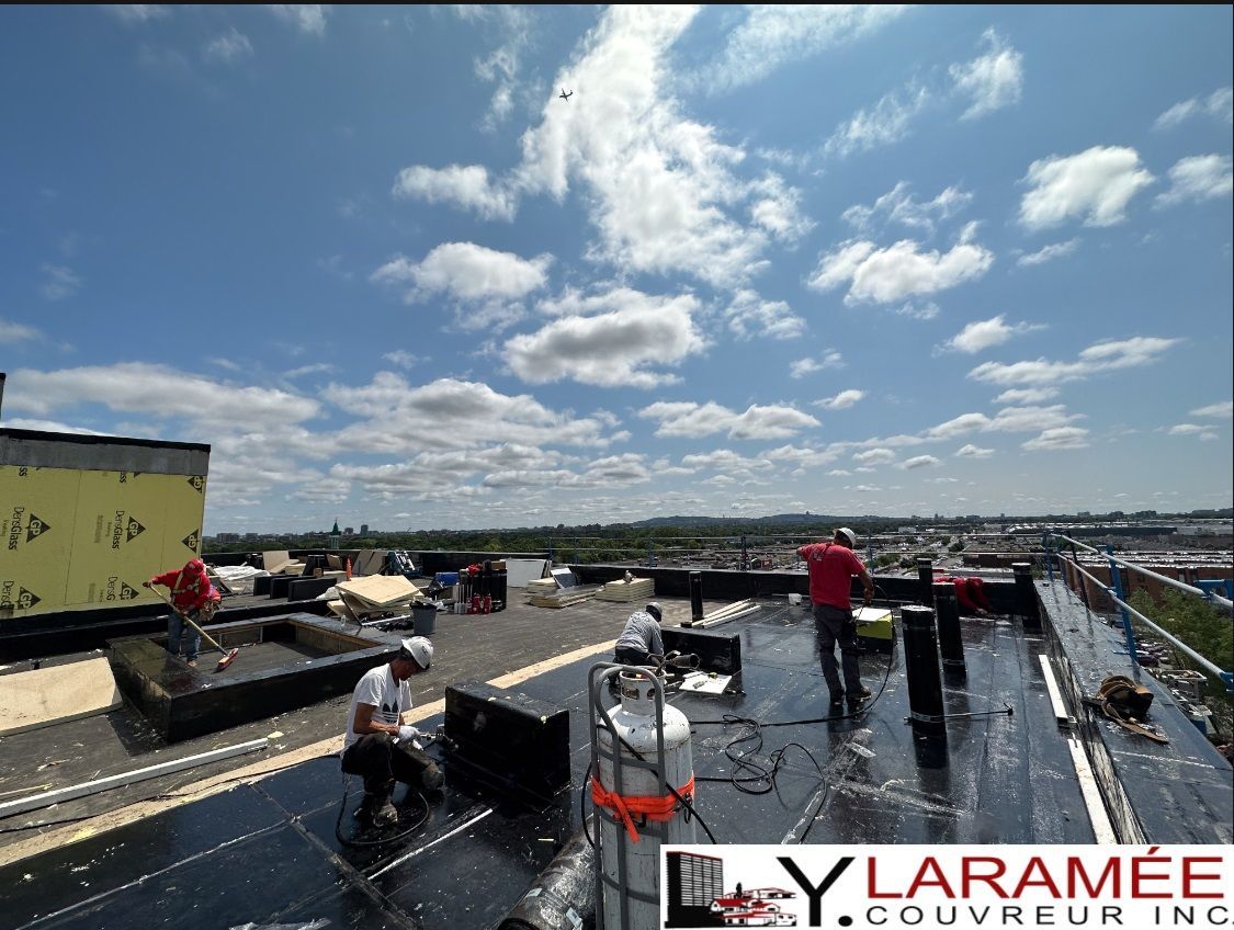 Un groupe de personnes travaille sur le toit d'un bâtiment et le nom de l'entreprise est lylaramee
