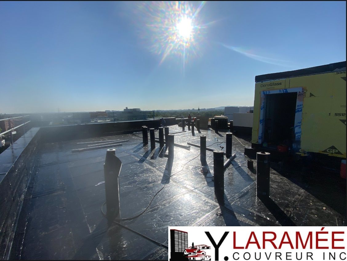 Une personne se tient sur un toit avec un logo pour laramee coating inc.