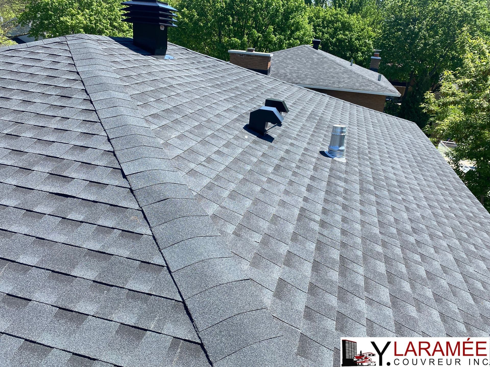 Toiture en bardeaux gris avec diverses ouvertures et une cheminée sur fond d'arbres verts.