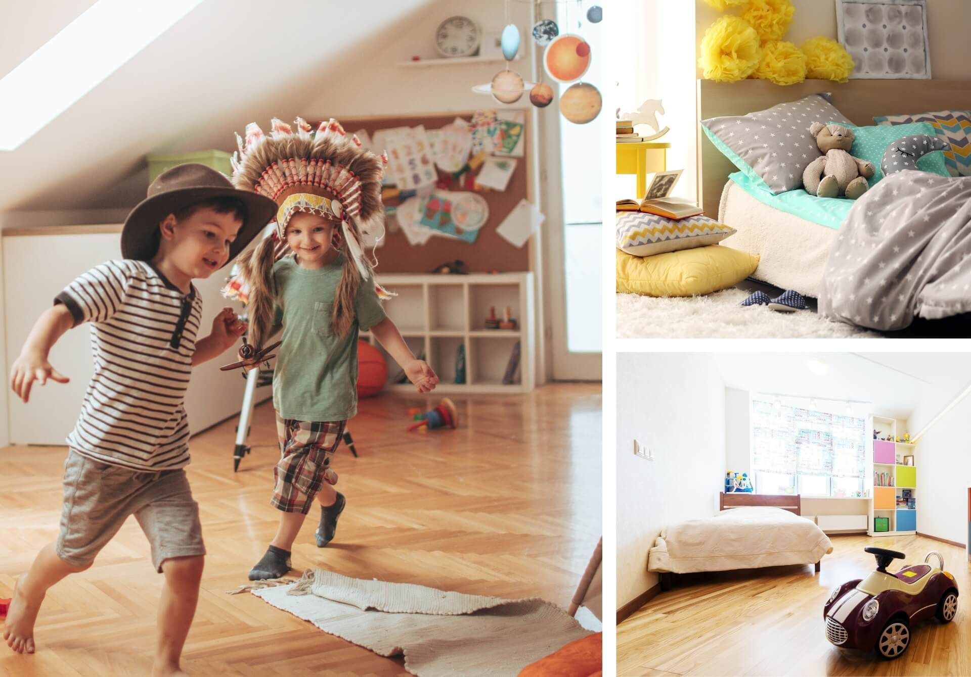 A collage of three pictures of children playing in a bedroom.