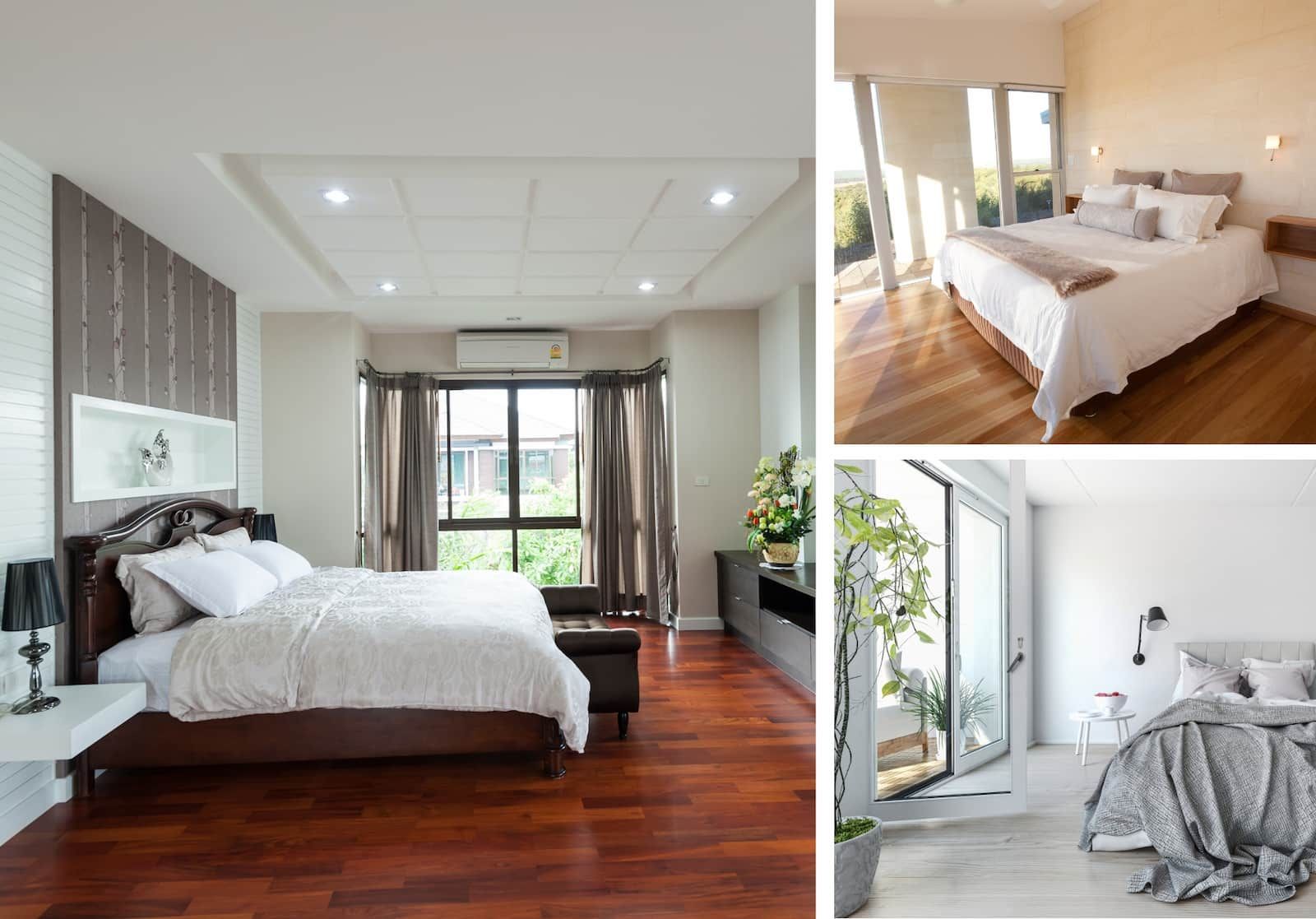 A collage of three pictures of a bedroom with a bed and a window.