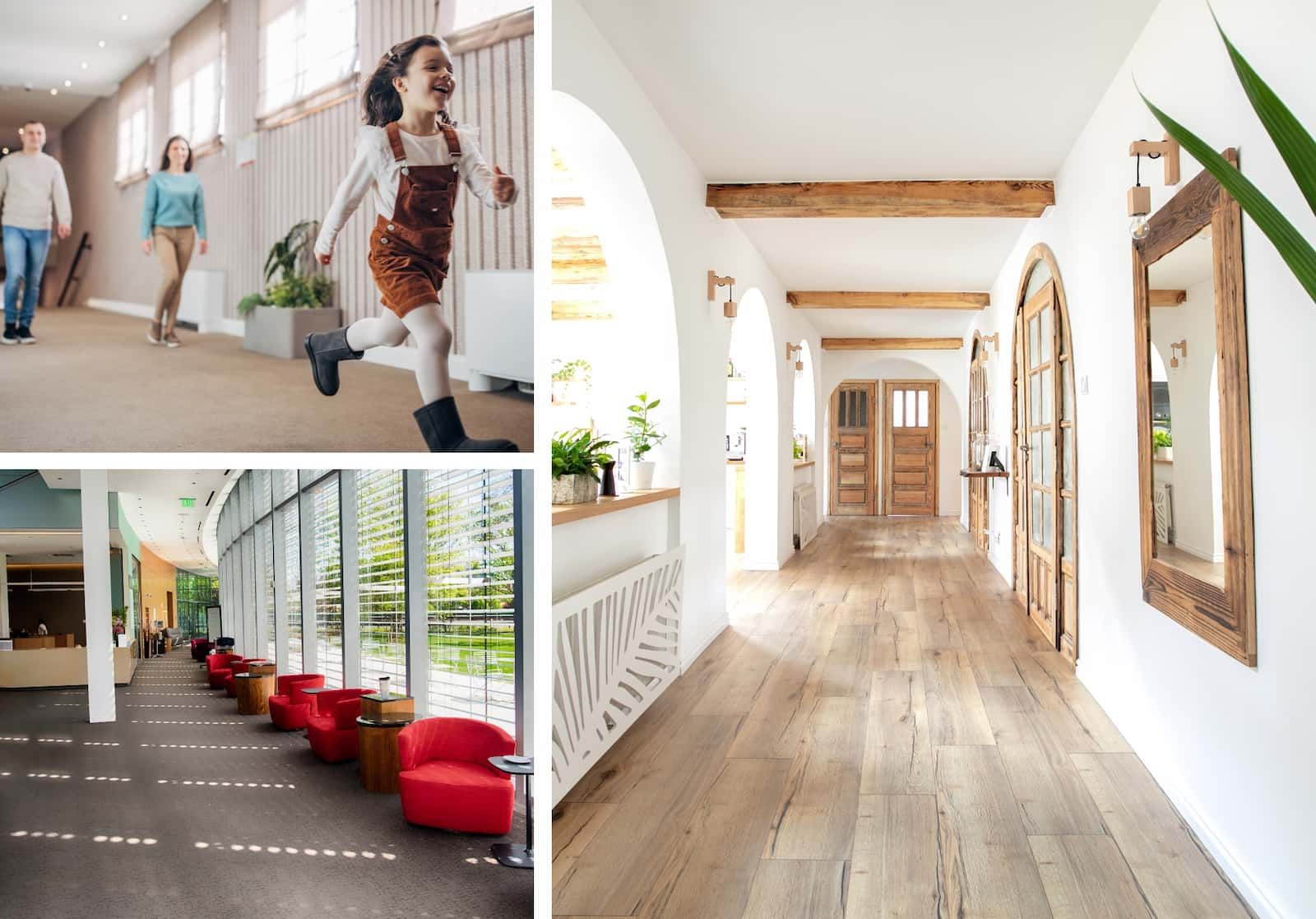 A collage of three pictures of a hallway with wood floors