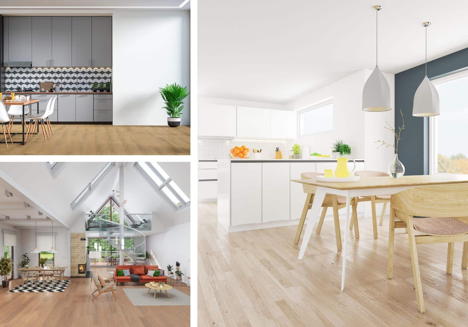 A collage of three pictures of a kitchen , dining room , and living room.