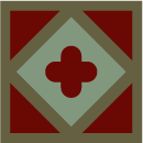 A red cross is in the middle of a square.