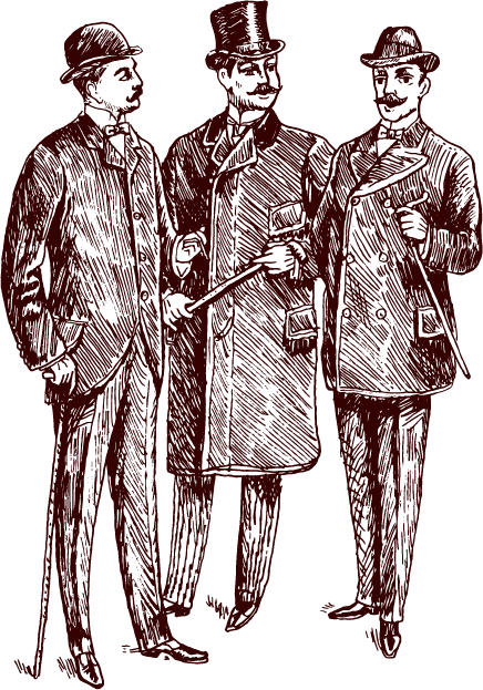 Three men in suits and hats are standing next to each other