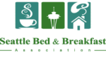 The logo for seattle bed and breakfast association shows a cup of coffee , a house , and the space needle.
