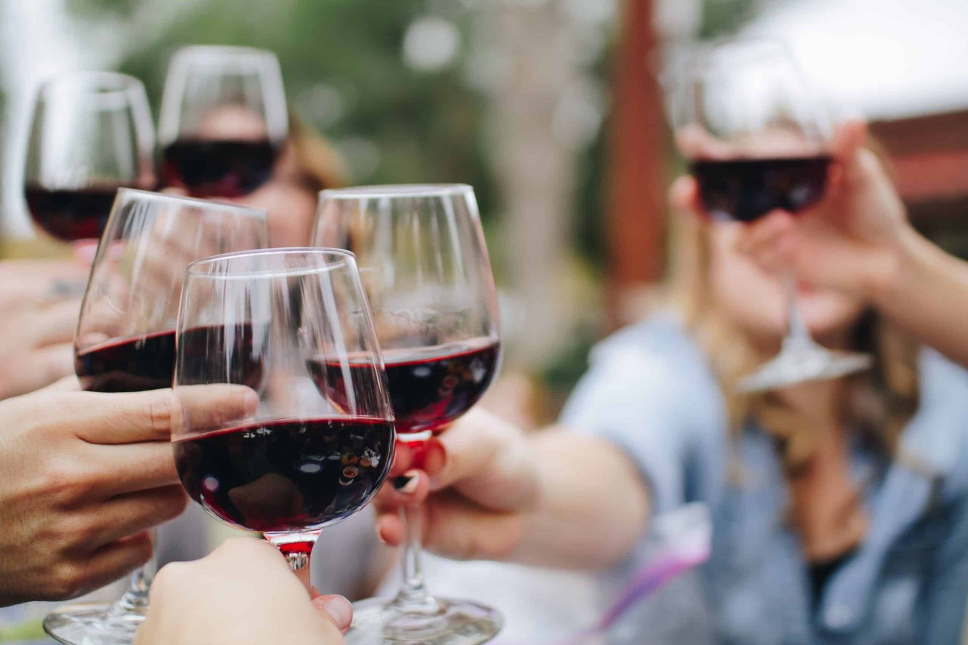 a group of friends toasting clear glasses of red wine on a clear, sunny afternoon