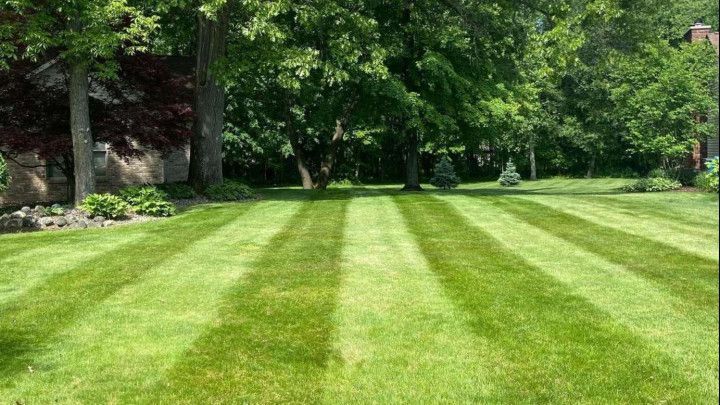A lush green lawn with distinct, alternating light and dark mowed stripes leading toward a background of trees.