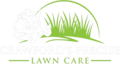 Logo for Crawford's Precise Lawn Care featuring a green lawn graphic and a lawnmower icon.