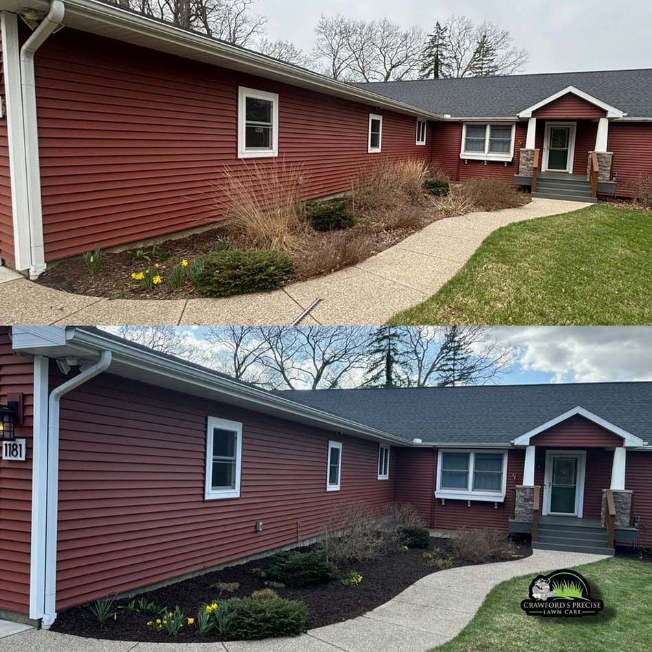 Before and after comparison of a red house exterior, showing the landscape refreshed with new mulch and trimmed plants.