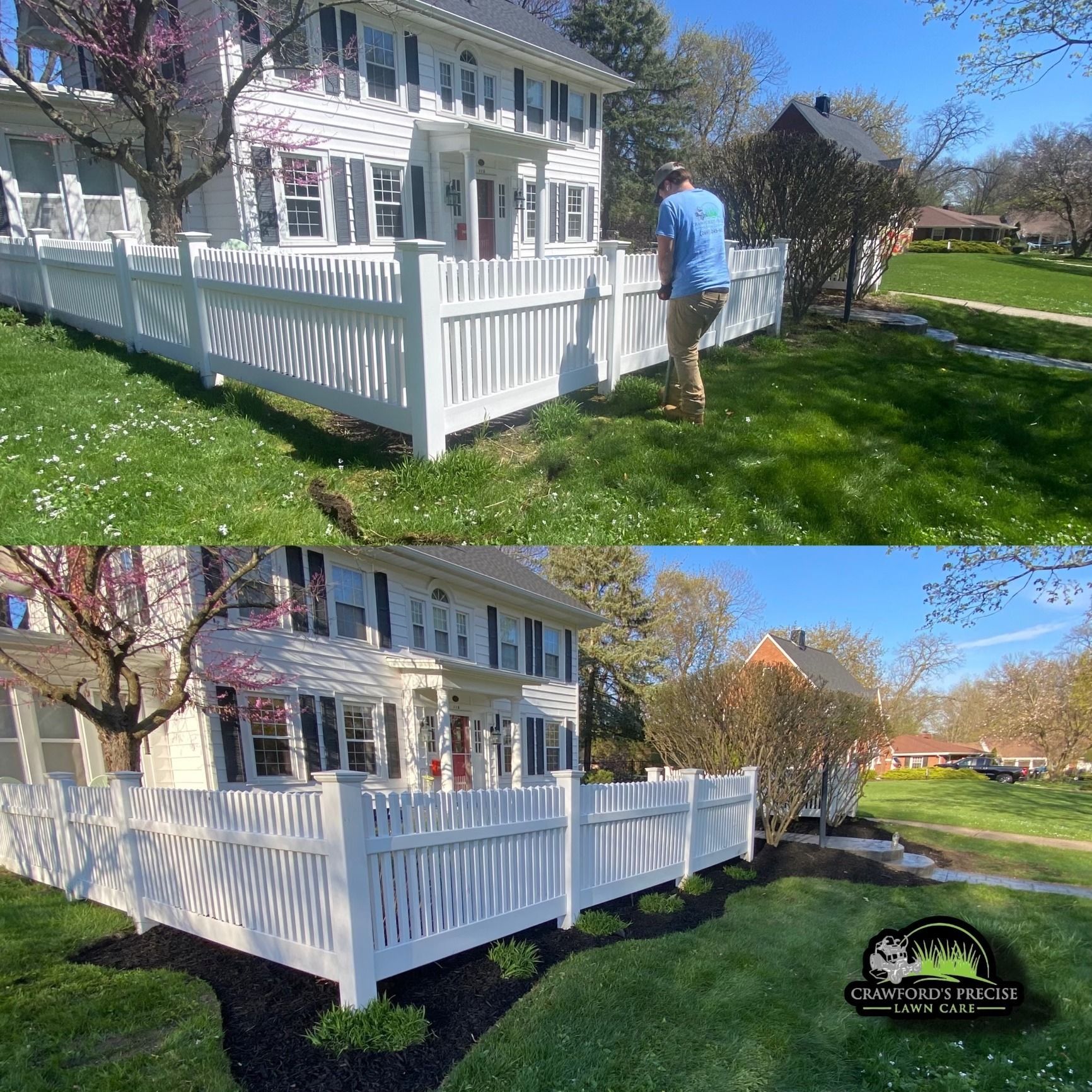 Before and after of a white picket fence installation in front of a colonial-style home with added dark mulch landscaping.