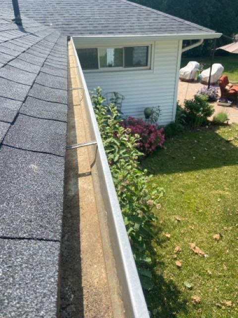 A long, dirty roof gutter filled with weeds and plants, running along the edge of a house with a view of a backyard.