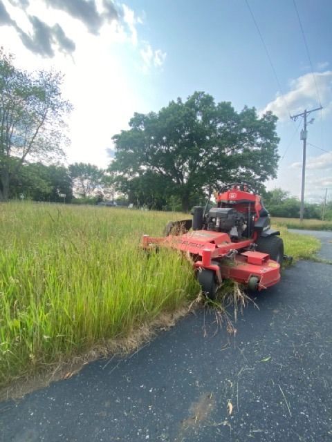 A red zero-turn mower cutting tall grass along the edge of an asphalt road on a sunny day.