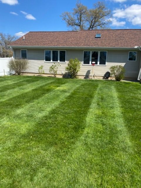 A grassy backyard with freshly mowed stripes in front of a tan house with a brown shingled roof under a sunny blue sky.