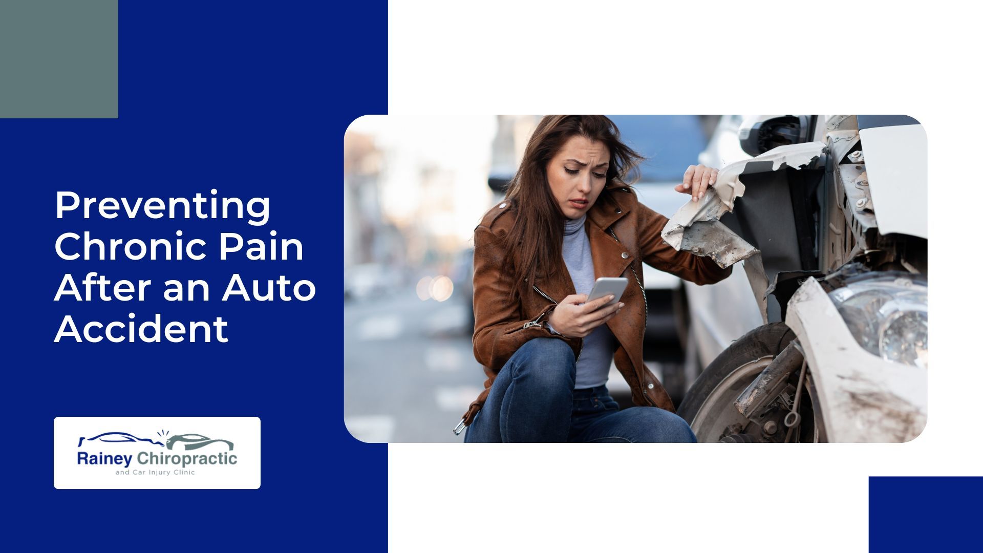 A woman is kneeling down next to a damaged car and looking at her phone.