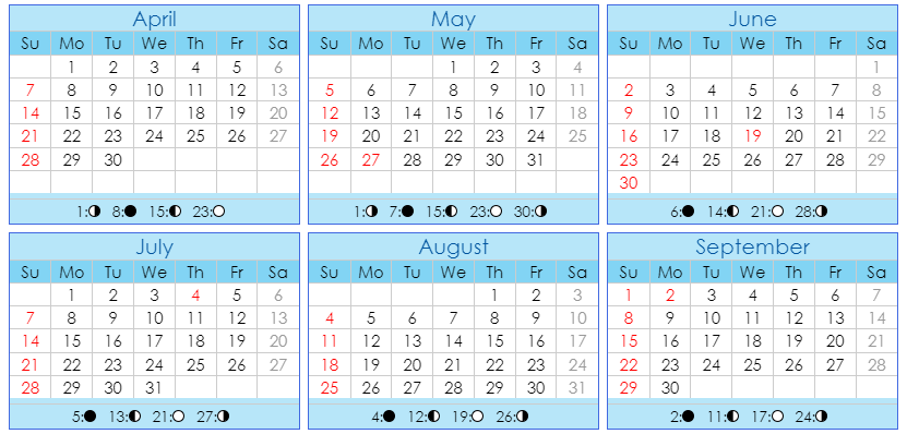 A calendar showing the months of April through September 2024.