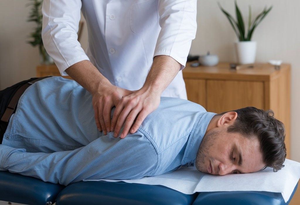 A photo of a chiropractor adjusting the spine of a patient. The chiropractor is wearing a white coat