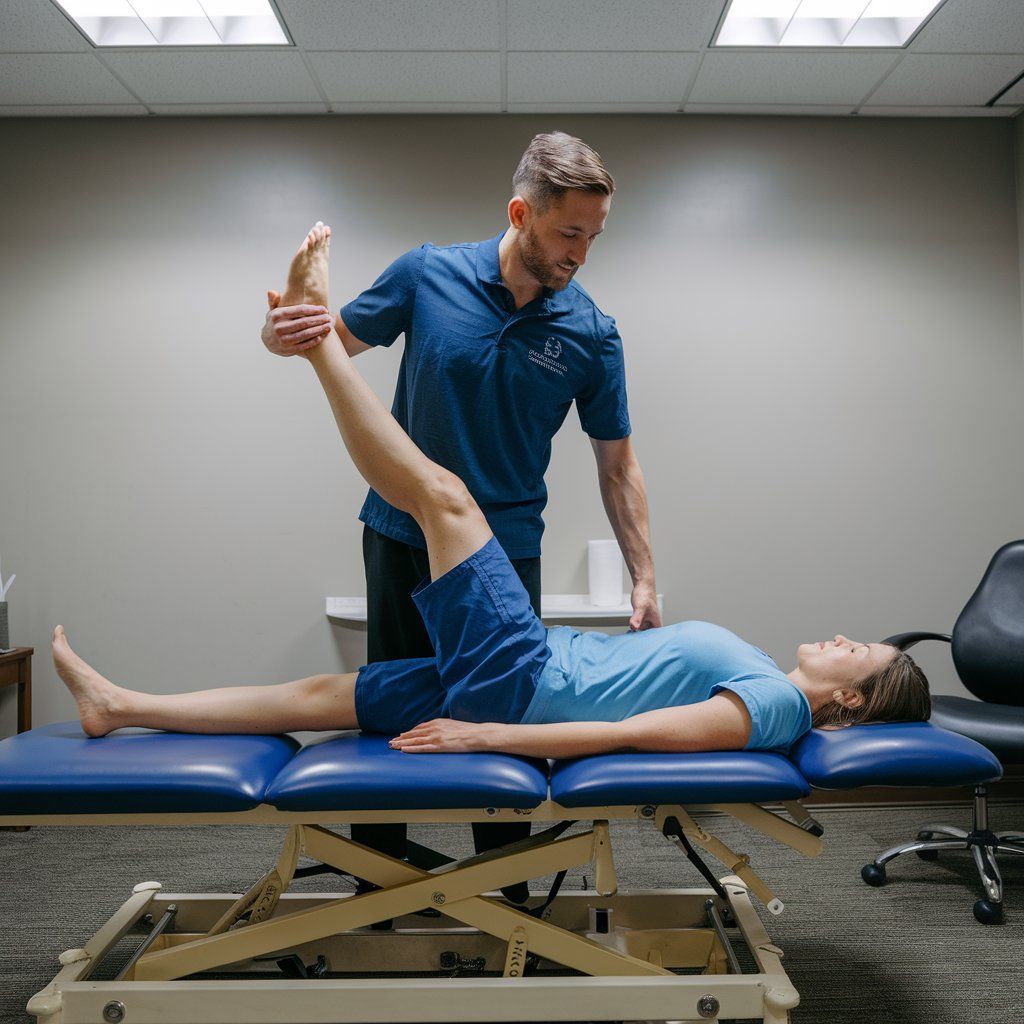 A chiropractor performing a lower back/leg stretch with a patient.