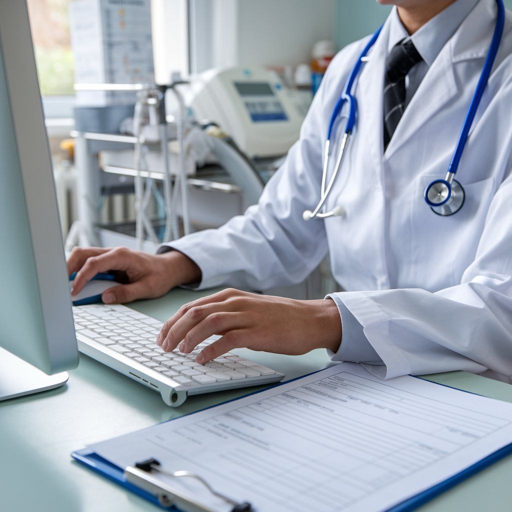 A doctor in a white lab coat with a stethoscope around his neck, taking notes at a computer.