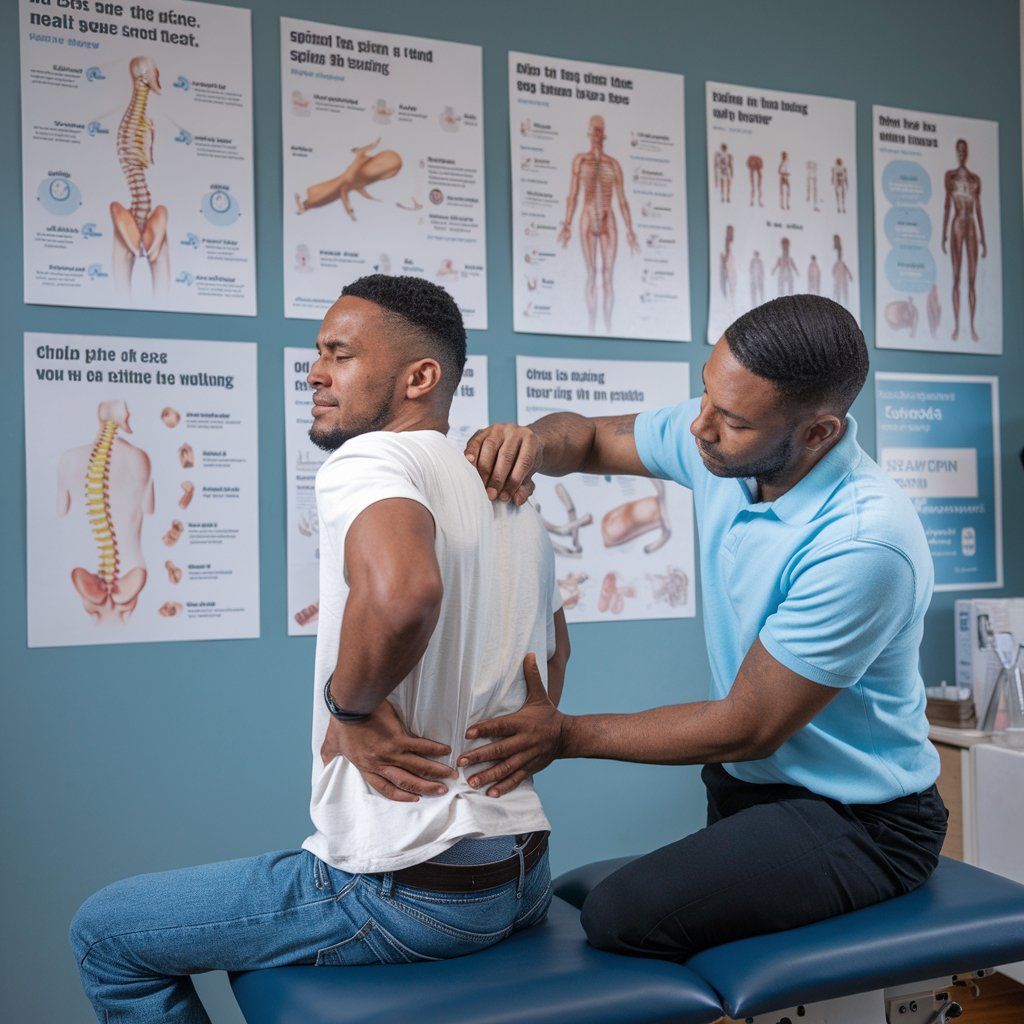 A chiropractor touching his patient's lower back as the patient grimaces.