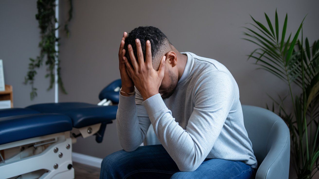 A person sitting in a calm, professional chiropractic office, gently holding their head.