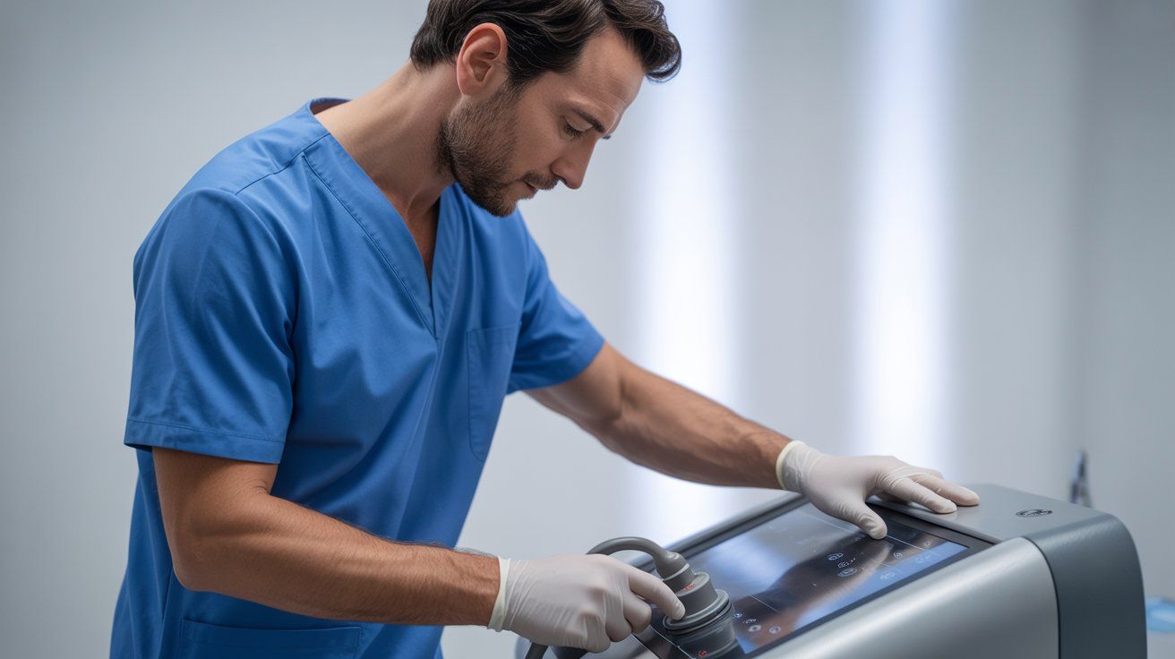 A doctor in blue scrubs adjust a shockwave machine