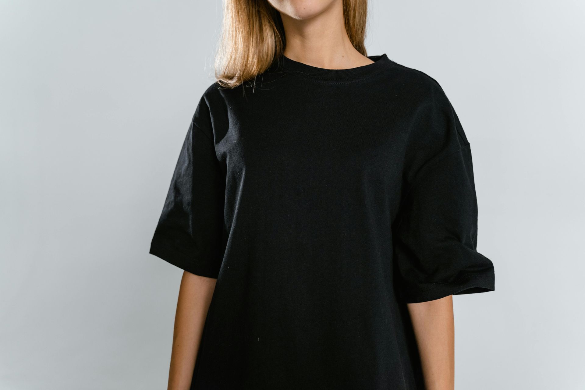 A woman in a black T-shirt