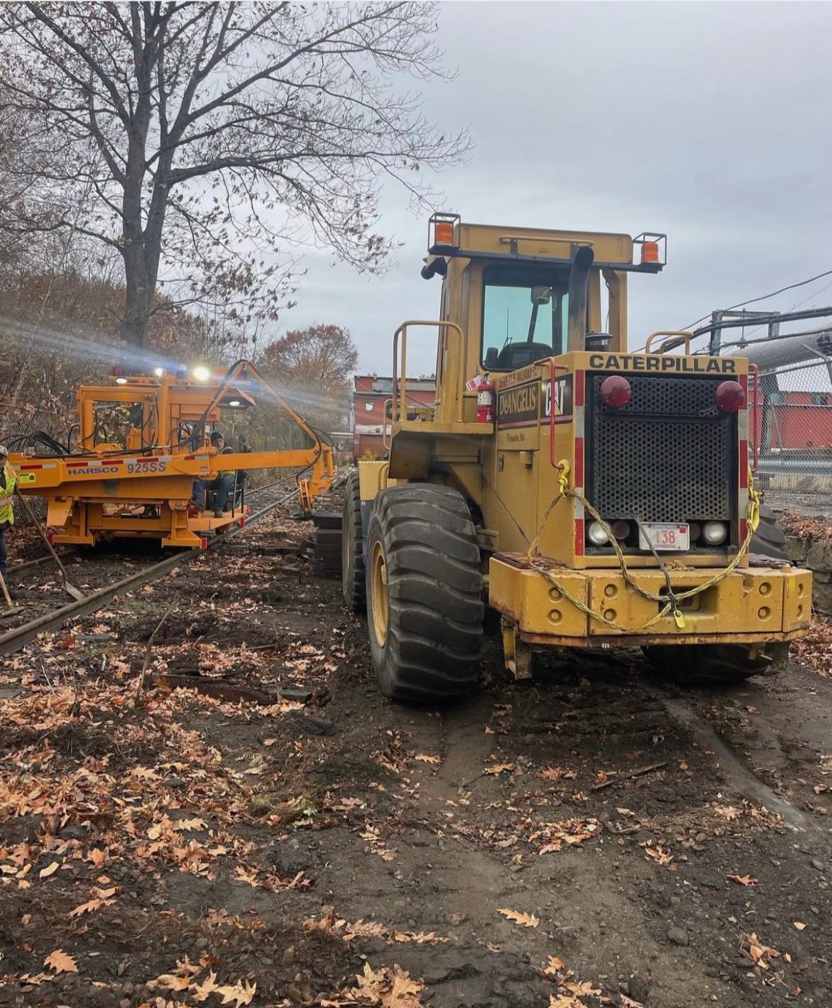 Yellow construction vehicles on a muddy road beside bare trees in an overcast outdoor worksite