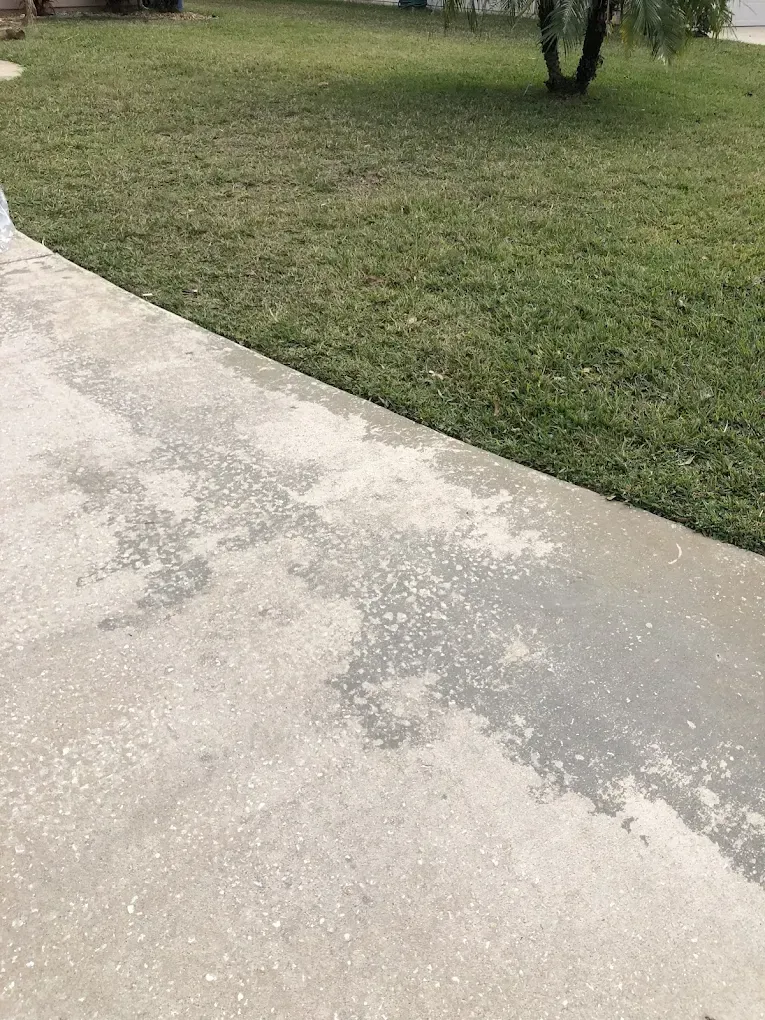 A concrete walkway next to a lush green lawn.