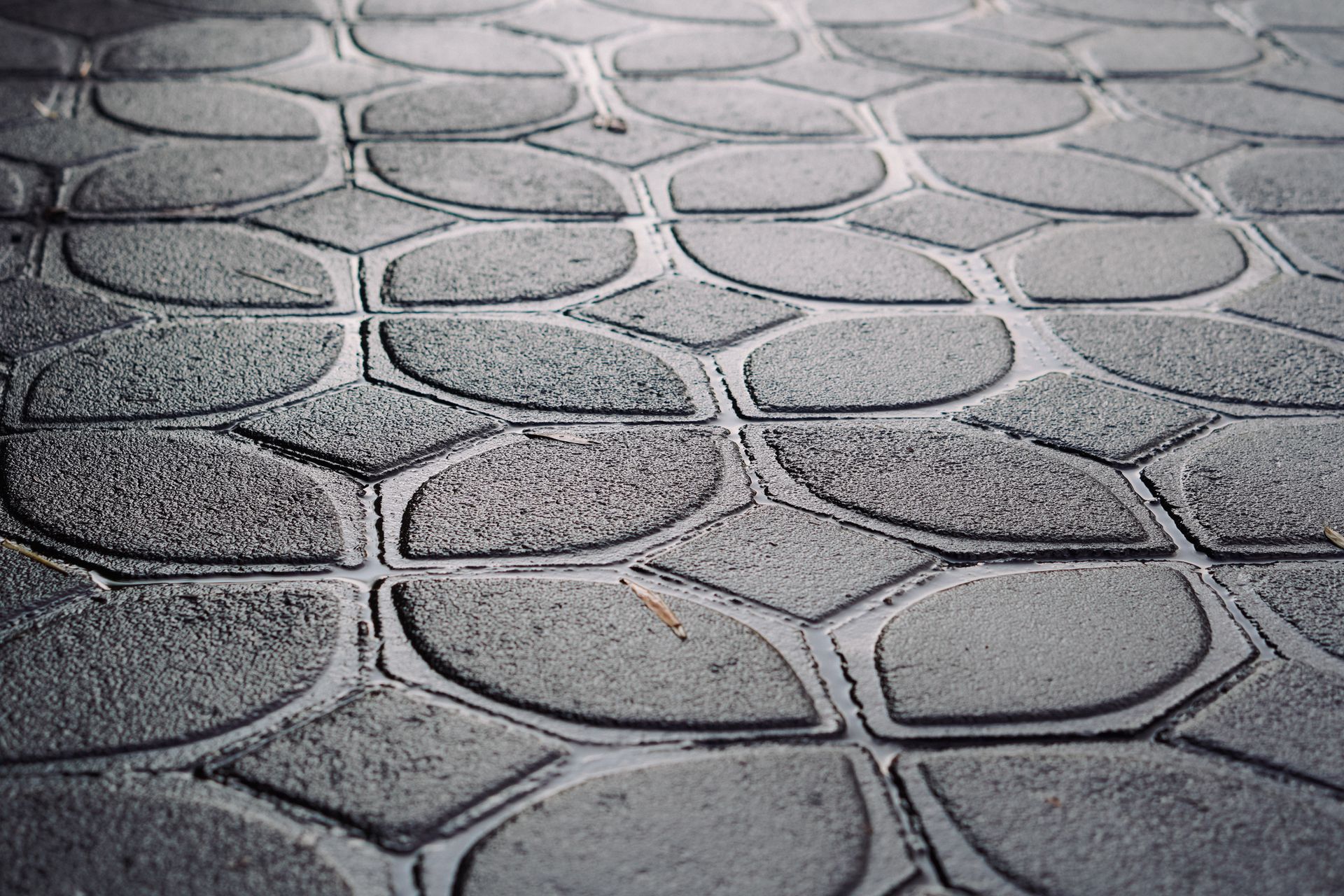 Patterned stone pavement with leaf-shaped tiles in geometric design.