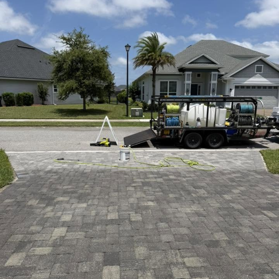Closeup of person using a power washer on wooden floor, showcasing power washing company services.