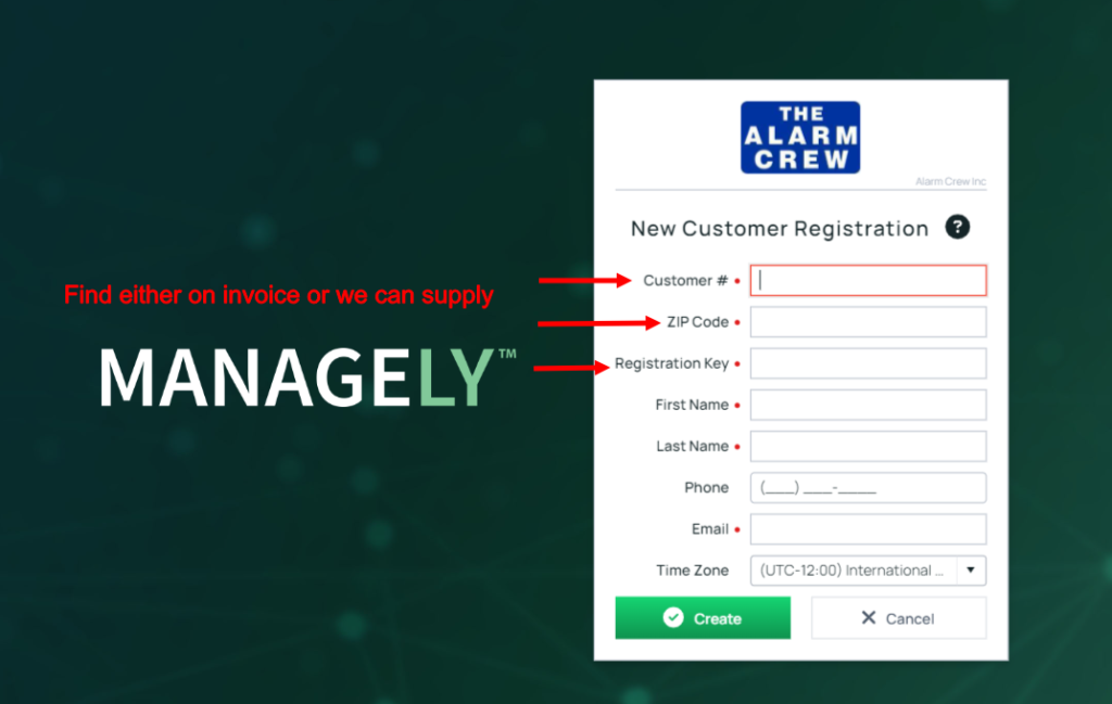 A screenshot of the alarm crew 's new customer registration page