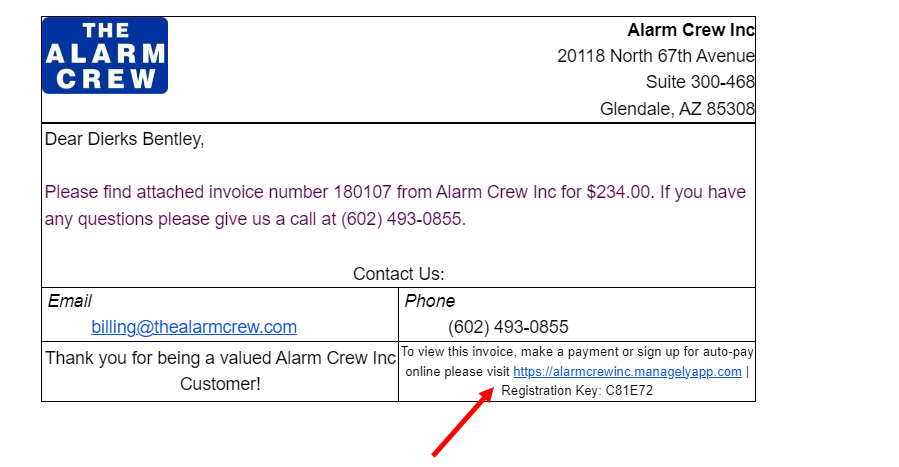 An invoice from the alarm crew with a red arrow pointing to it
