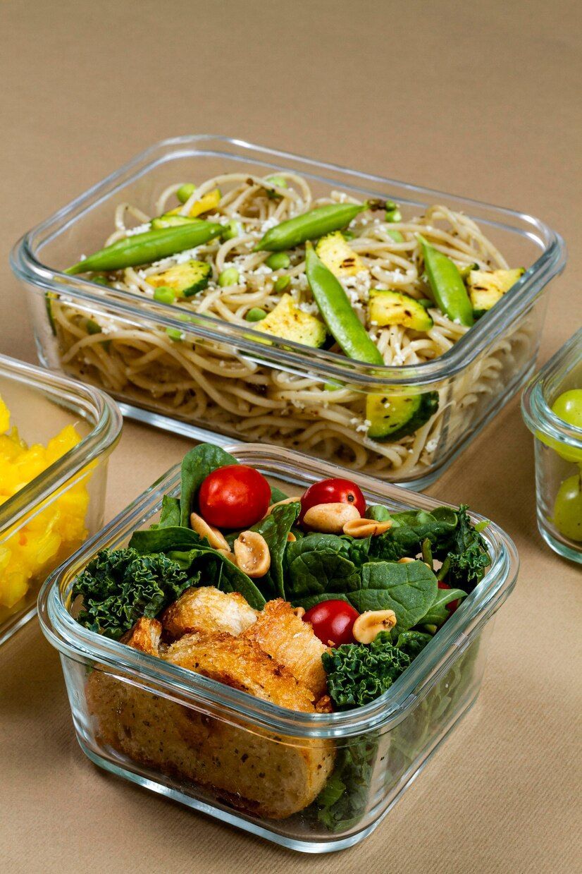 Three glass containers filled with different types of food on a table.