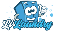 A cartoon blue washing machine mascot with a cheerful expression and a thumbs-up gesture, above the text "LiLaundry".
