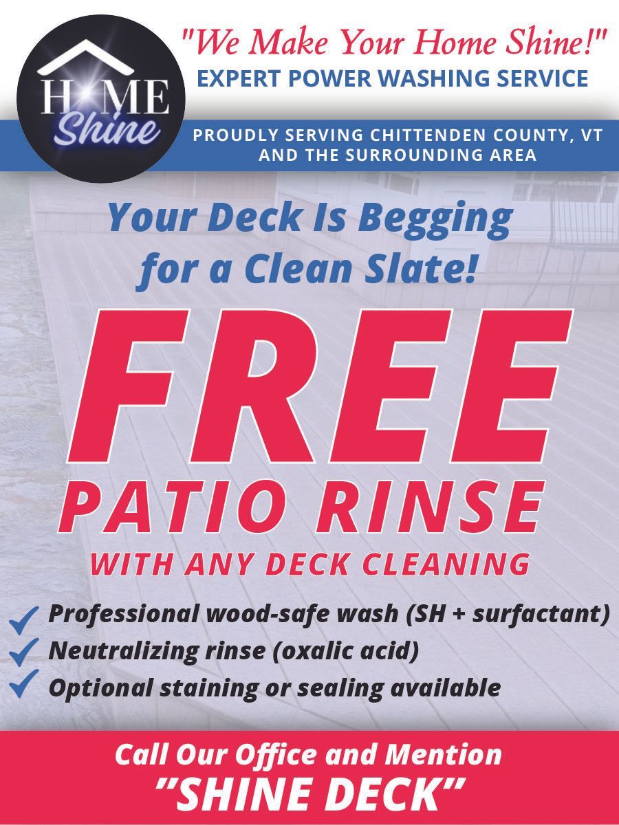 A sign that says free patio rinse with any deck cleaning