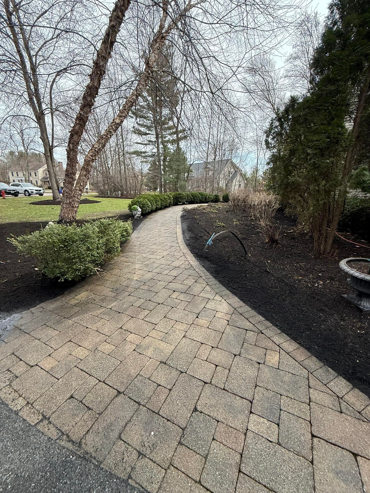 A brick walkway leading to a park with trees and bushes. Cleaned by Home Shine