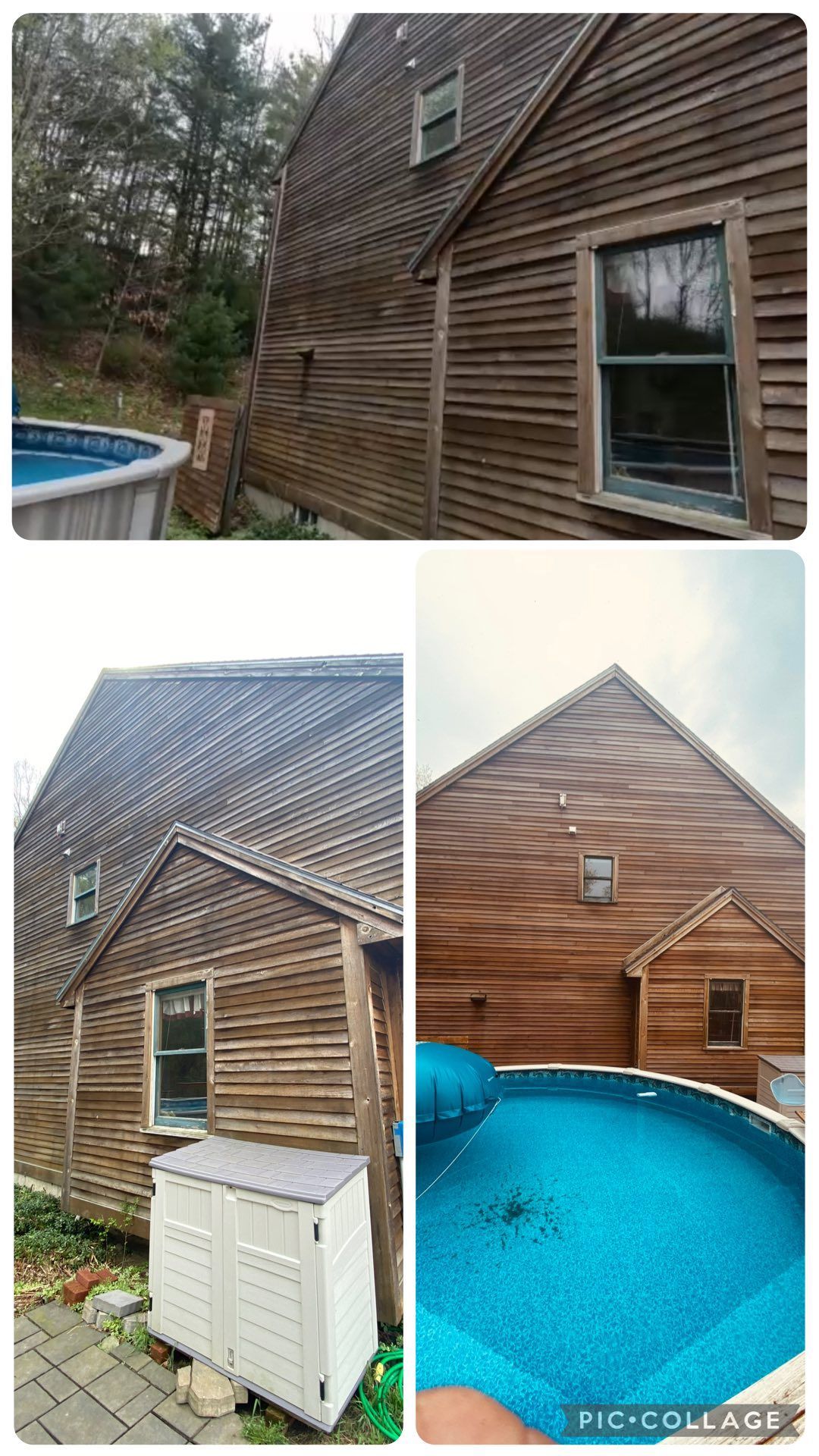 A collage of three pictures of a house with a pool in the backyard cleaned by Home Shine.