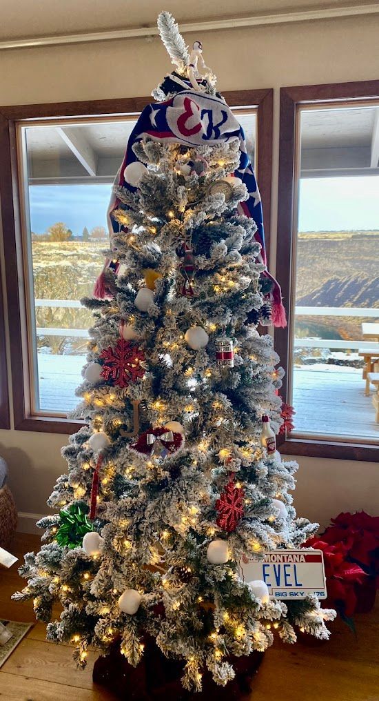 A christmas tree is sitting in front of a window in a living room.