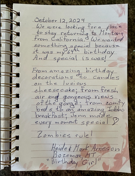 Handwritten journal entry on October 12, 2024, describing a special birthday stay in Montana.