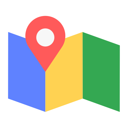 Red location marker pin on a colorful, folded map; blue, yellow, and green sections.