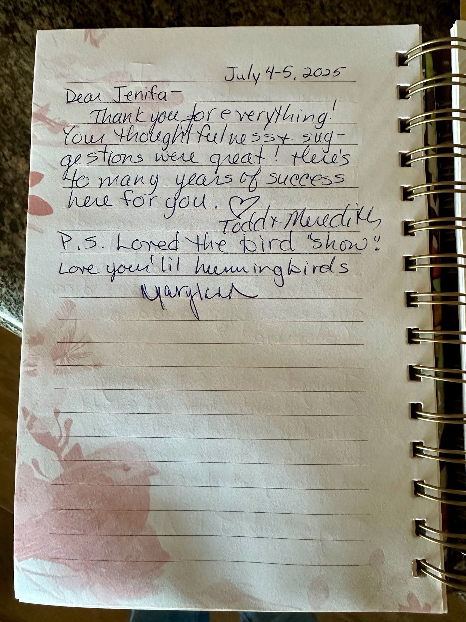 A handwritten letter on floral paper, dated July 5, 2023, with a message about neighbors.