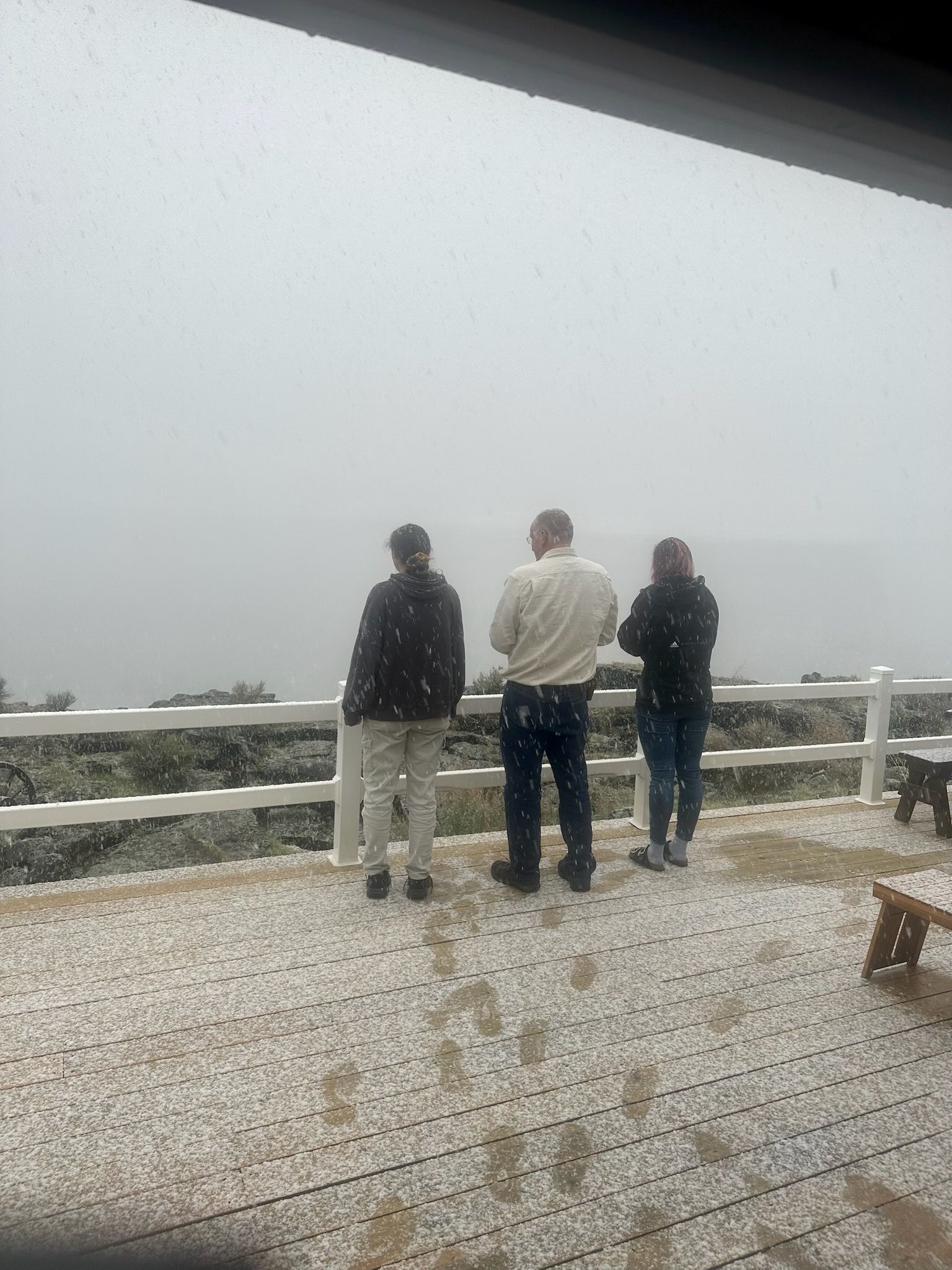 Three people stand on a snowy deck, looking out at a snowy landscape.