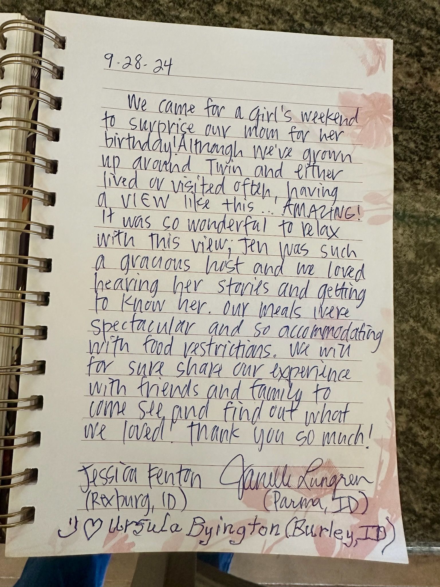 Handwritten note in a spiral notebook; praising someone's service. With date, signature, and location at the bottom.