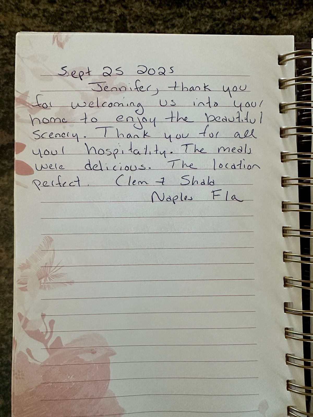 Handwritten note dated September 25, 2022, thanking Jennifer for hospitality. The note mentions scenery, food, and location.