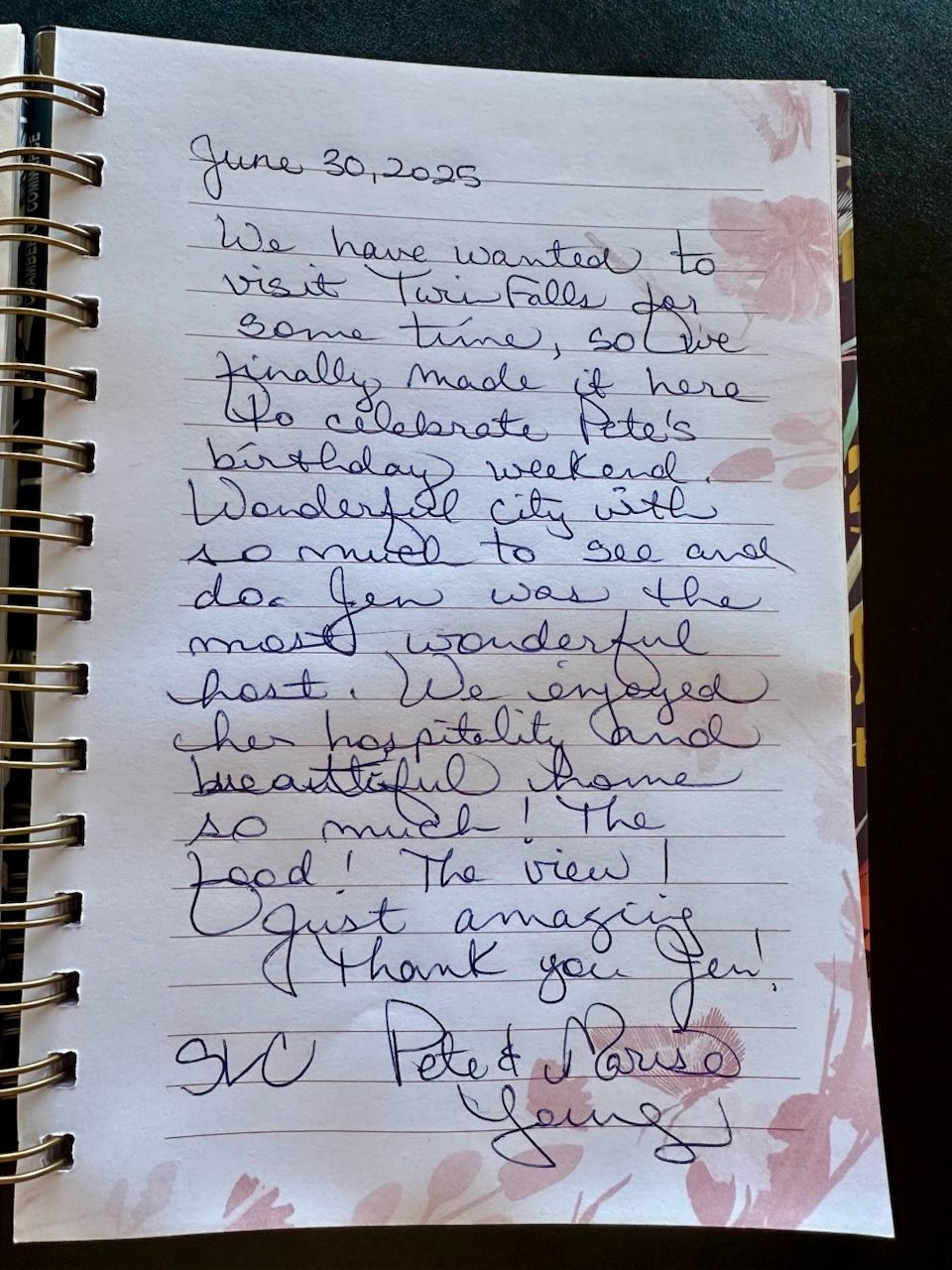 Handwritten journal entry on lined paper with floral border; discusses a visit.